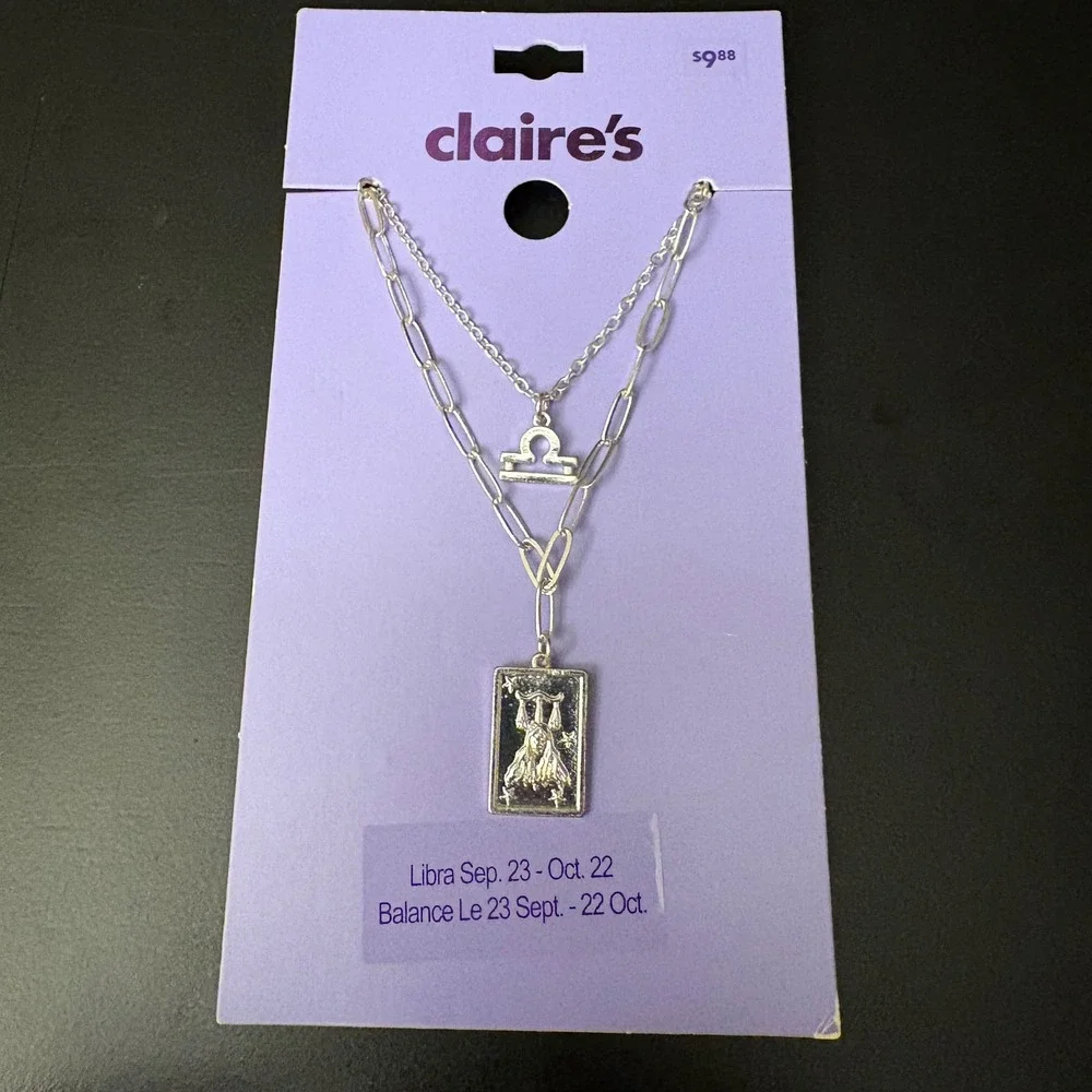NWT Claires Silver Libra Zodiac Layered Set of 2‎ Necklaces Sept Oct Gift
